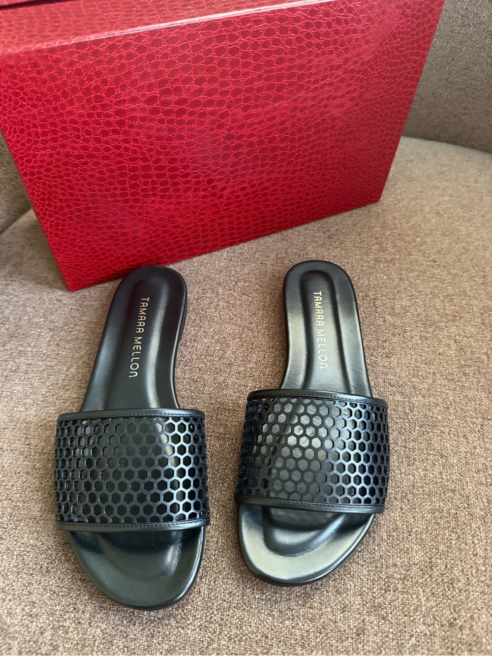 Tamara Mellon Black Perforated Slide Sandals sizes 36.5